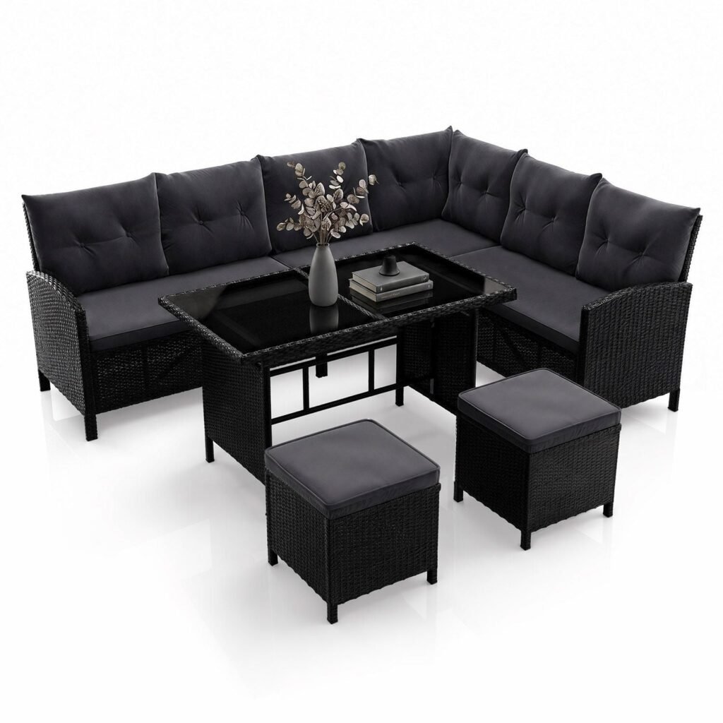 Polyrattan-Lounge Manacor mit Ecksofa, Hockern und Glastisch für bis zu 8 Personen